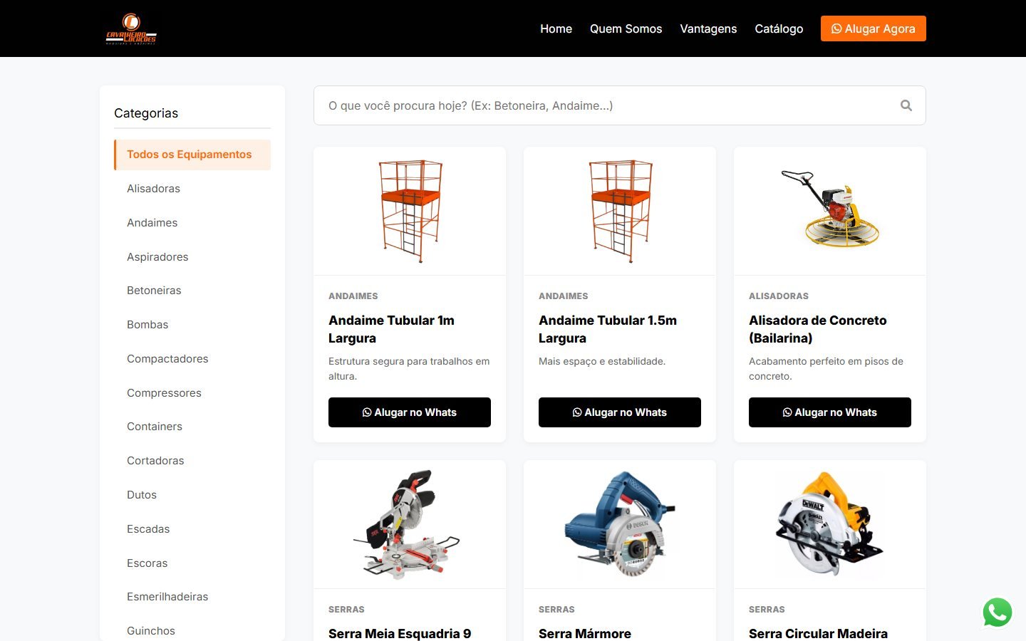Catálogo de equipamentos da Cavalheiro Locações, com categorias, busca e botão de alugar no WhatsApp